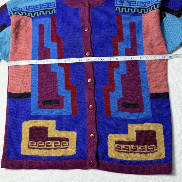 Alpaca21 Peru 100% Alpaca Geometric Cardigan Sweater Blue Purple Pink Size Large - Picture 4 of 7